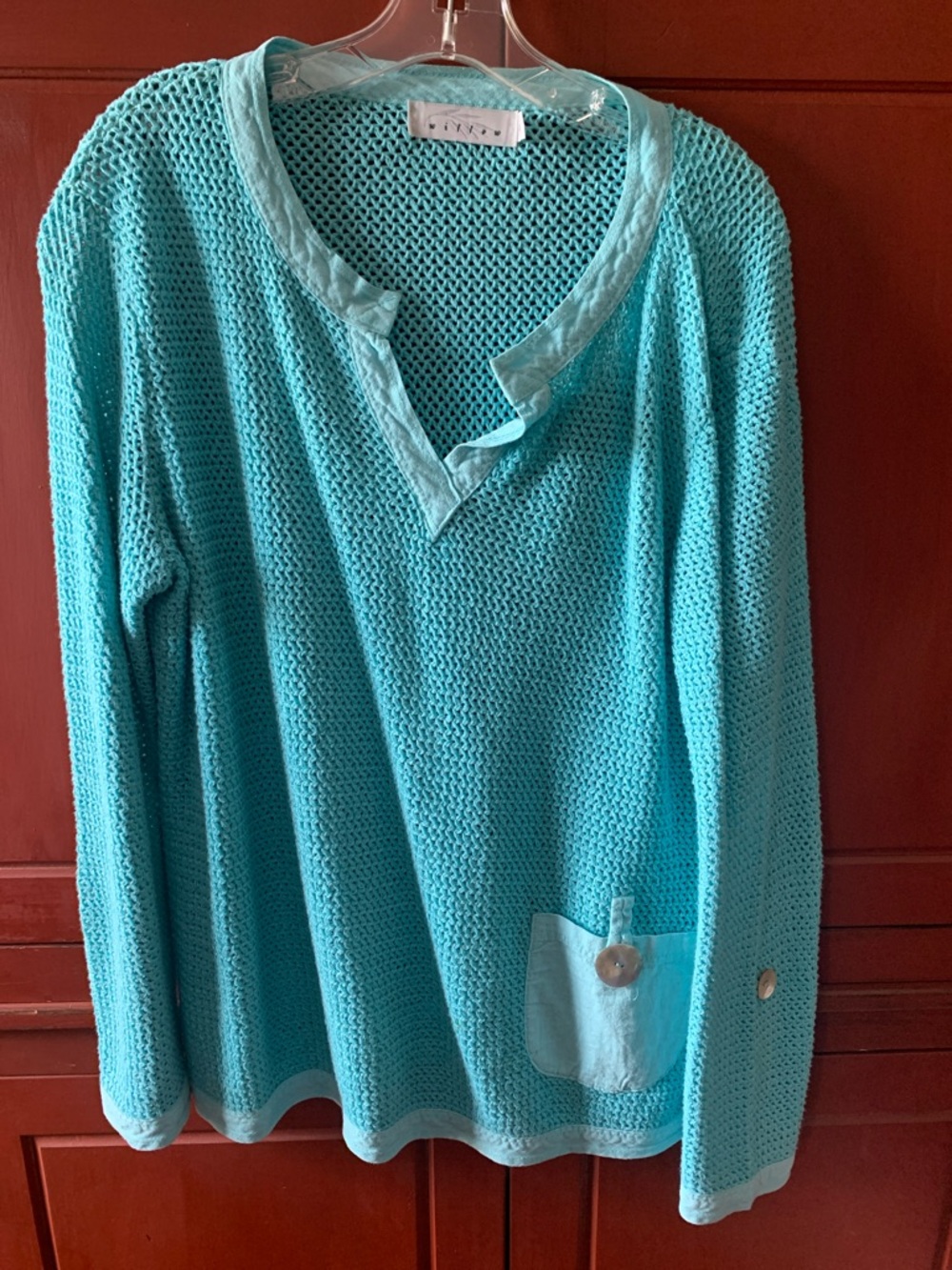 Bright Aqua Knit V-Neck Sweater with Pocket